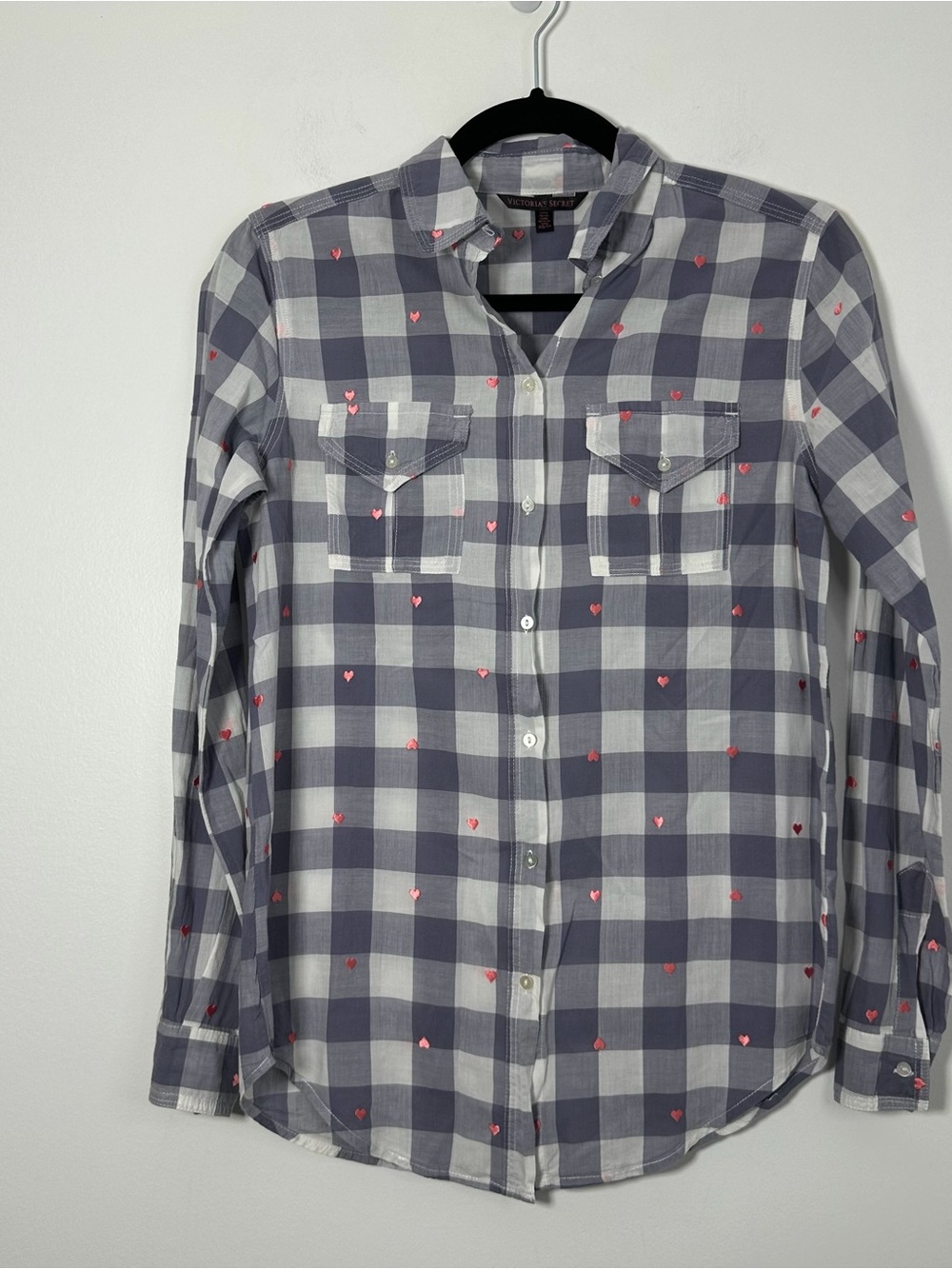 Victoria’s Secret XS Plaid Button Down Shirt Pink Heart Embroidery 100% Cotton